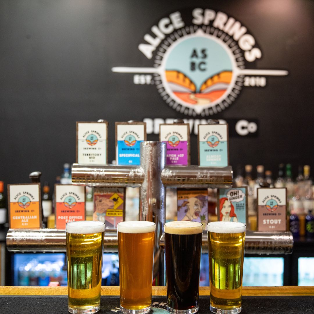 the craft beers available on tap at the alice springs brewery including almost summer pale ale, mid-strength, batch #37 pale ale and stout.
