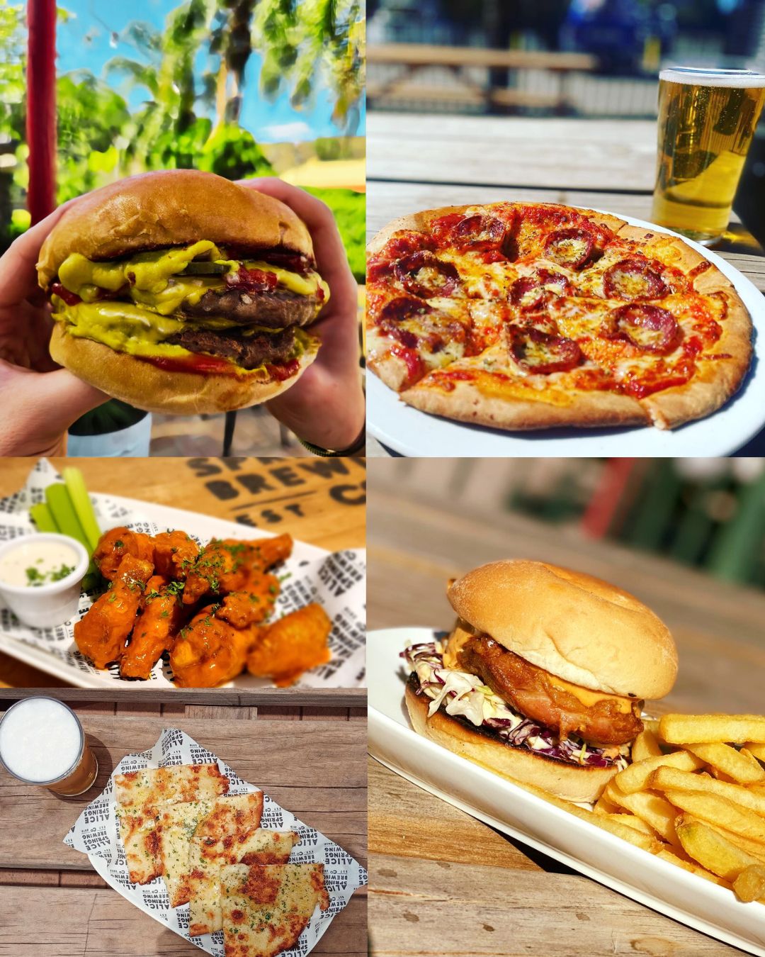 freshly made pizza, burger, fries, chicken wings and garlic pizza made at the alice springs brewpub